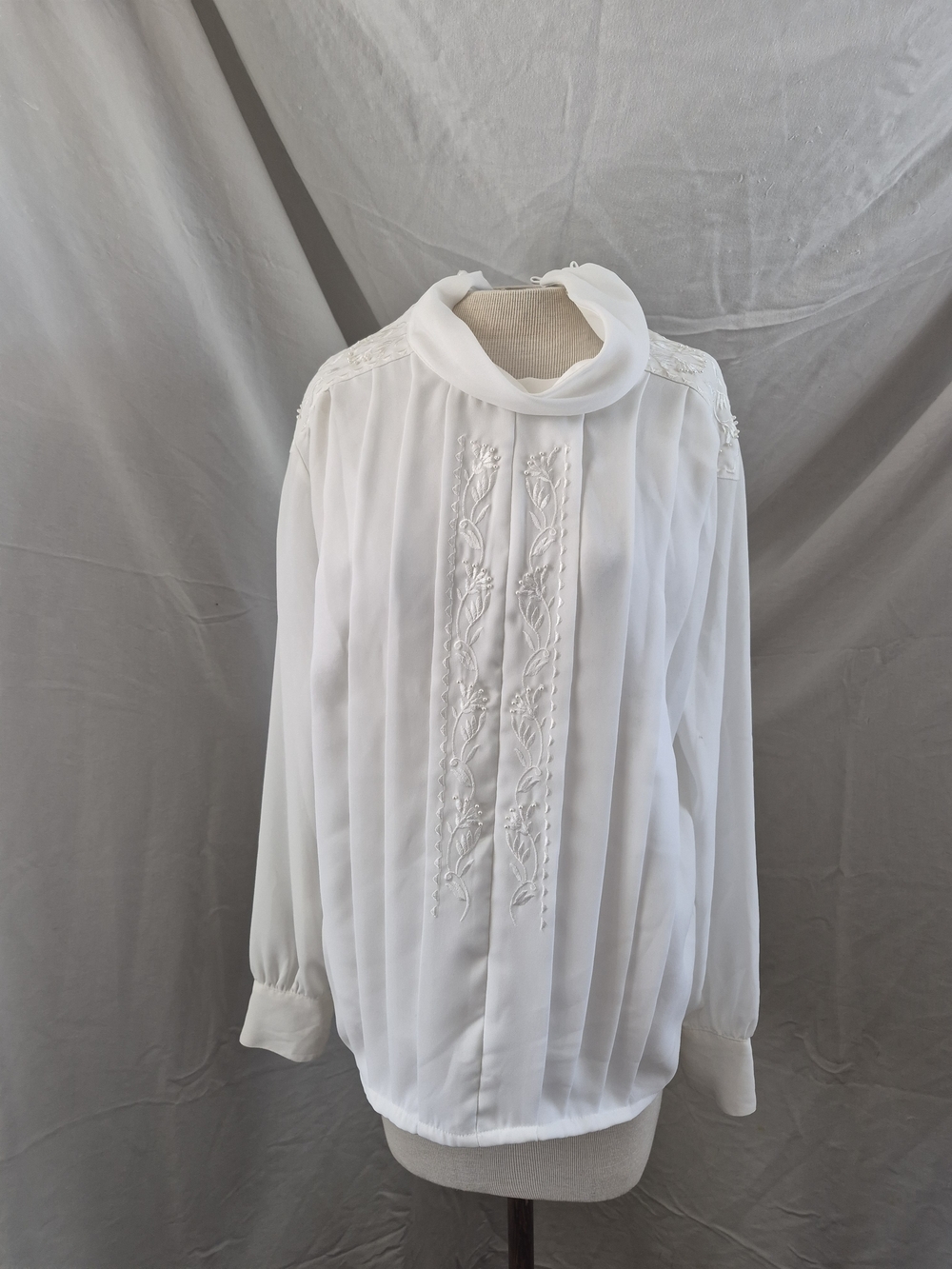White Embroidered Pleat Front Blouse